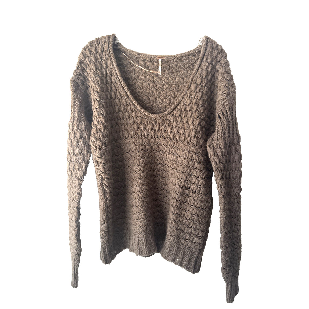 Free People Sweater Crashing Waves‎ Wool Blend Chunky Open Knit Cocoa Size XS - Picture 2 of 13